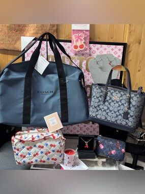 Coach denim Mollie tote cherry bundle